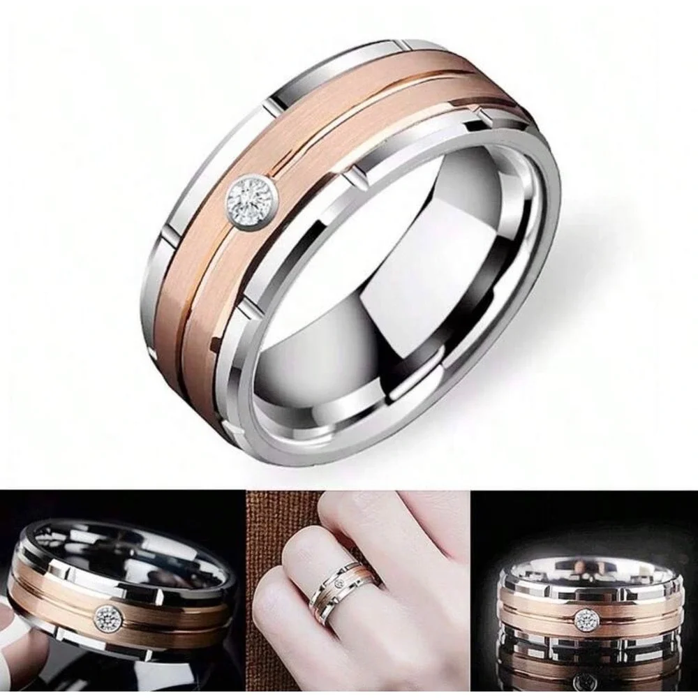 Mens Two Tone Stainless Steel Ring Rose Gold Silver‎ Band Cubic Zirconia Wedding